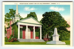 Presbyterian Church And De Kalb Monument Camden South Carolina Linen Postcard SC