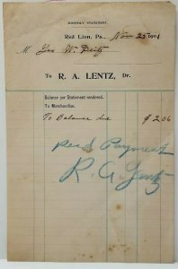 Red Lion Pa, DR. R.A. LENTZ 1901 Billhead Pennsylvania Geo.W Dietz