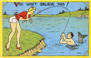 H67/ Interesting Postcard Linen Male Mermaid Fishing Won't Believe 68