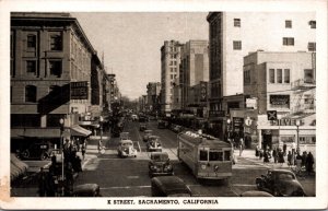 Postcard K Street, Cars and Trolley in Sacramento, California