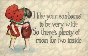 Little Boy Kisses Sunbonnet Girl Romance Vintage Postcard