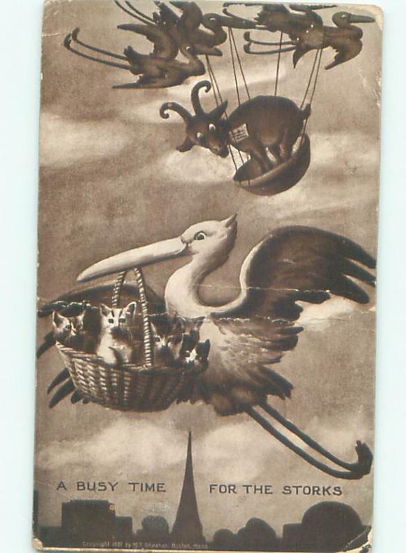 Pre-Linen Comic STORK BIRD DELIVERING KITTEN CATS AB9605