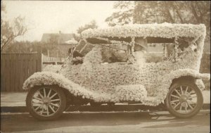 Classic Car Covered in Flowers Woman Driver Real Photo Vintage Postcard