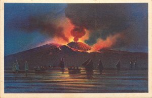 Navigation & sailing related old postcard Naples Vesuvius mid eruption sailboats