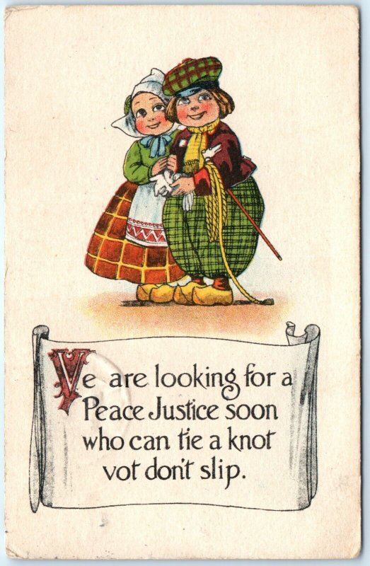 c1910s Romantic Dutch Children Peace Justice Marriage Knot Postcard Clogs A82