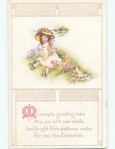 Pre-Linen easter CUTE GIRL HOLDS BUNNY RABBIT AND CHICK k2299