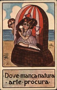 Seashell? Children  Beach Sedan Chair  AZZONI c1915 Postcard