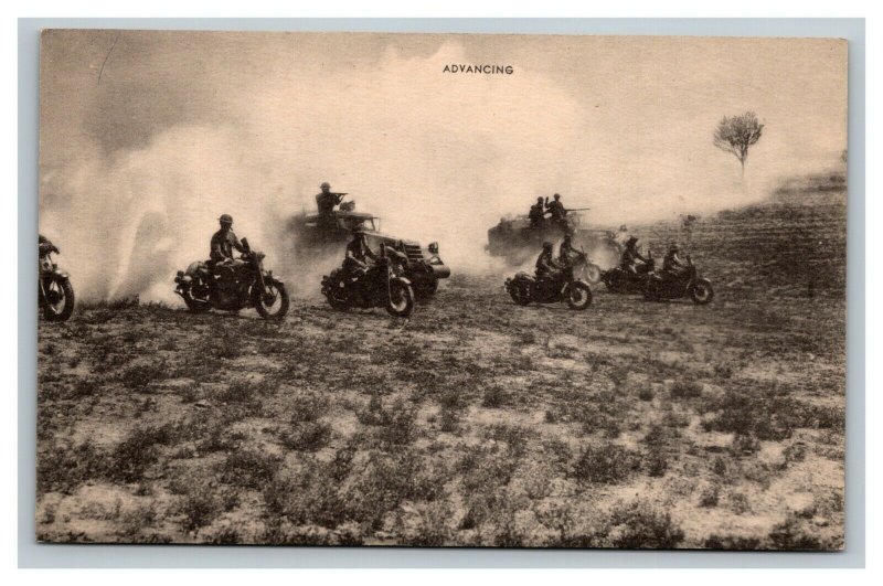 Vintage 1940's Military Postcard Troops Advancing on Motorcycles and Jeeps COOL