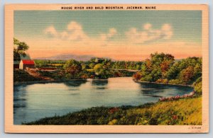 Jackman Maine~Moose River~Bald Mt~Barn~Landscape~Sunset~Linen 1940s Postcard