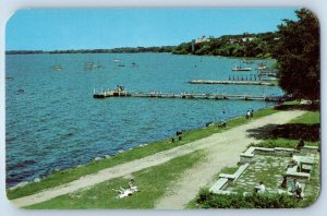 c1960 Madison Wisconsin Postcard Lake Mendota Foreground Union Terrace Air View