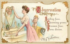 c1909 H.Wessler Embossed Valentine Postcard 522 Lovely Lady, Observation, Mirror