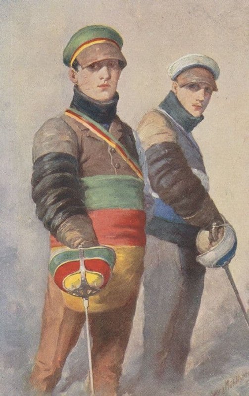 Fencing German Antique Coloured Sword Uniform Military Old Postcard