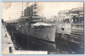 Panama Canal Postcard RPPC Photo U S S Charleston In Dry Dock Balboa c1910's