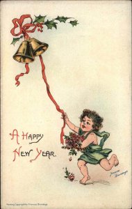 New Year Frances Brundage Little Boy in Green Ringing Bell c1910 Postcard