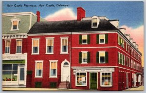 Vtg New Castle Delaware DE New Castle Pharmacy 1940s Linen View Postcard