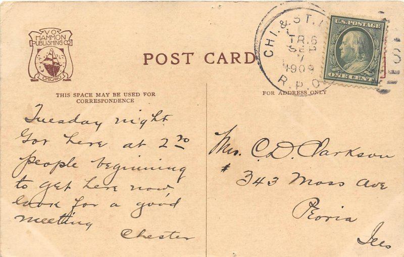 Springfiled Illinois 1909 Postcard Abraham Lincoln's Old Home RPO Cancel