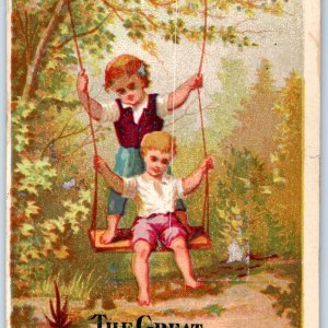 c1880s Great Atlantic & Pacific Tea Co Silly Boy Cute Children on Swing Vtg C35