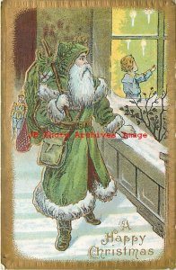Christmas, Unknown No UP13-1, Green Robe Santa with Toys Watching Boy