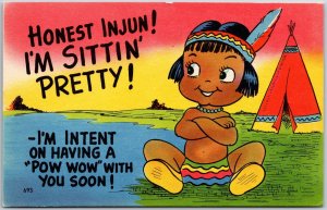 Indian Kid Sitting Pretty on the Beach Tent House Comic Card Postcard