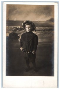 c1910's Little Boy At The Beach Surf Toledo Ohio OH Antique RPPC Photo Postcard