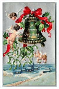 Vintage 1910's Christmas Postcard - Angels with Large Bell over Small Town