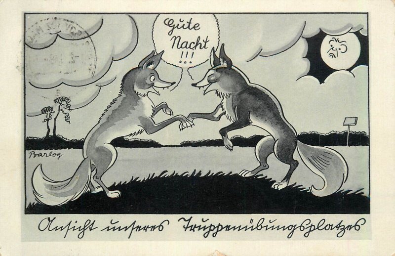 German humor foxes caricature artist Barlog military training area 1939 postcard