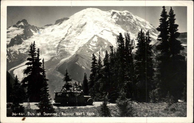 Rainier National Park Washington WA Sunrise Tour Bus Real Photo Vintage Postcard