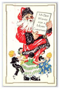 Postcard My Best Wishes For A Merry Christmas Santa Claus Red Robe Children