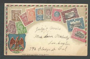 Ca 1899 Mexico Stamp Set Portrayed On Emb Posted Card W/Coat Of Arms