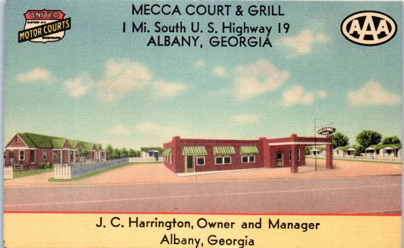 1940s Mecca Court & Grill Motel Albany GA Linen Postcard