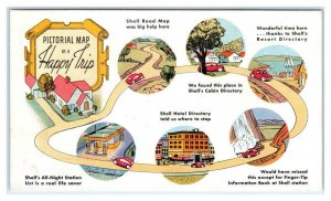 SHELL GAS STATIONS ~ HAPPY TRIP Advertising c1940s Multiview Artist  Postcard