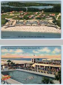 2 Postcards SARASOTA, Florida FL ~ Aerial View SARASOTA LIDO Swimming Pool 1940s