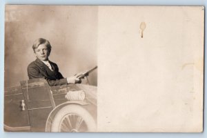 Little Boy Postcard RPPC Photo Toy Prop Car Studio c1905 Unposted Antique