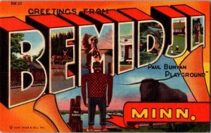 Greetings from Bemidji MN, Paul Bunyan Playground Vintage Postcard L52