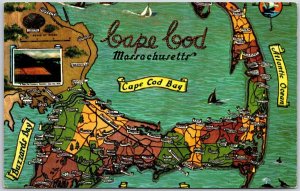 1975 Cape Cod Massachusetts MA Atlantic Ocean Bay Map Posted Postcard