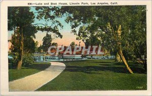 Postcard Modern Lake and Boat House Lincoln Park Los Angeles Calif