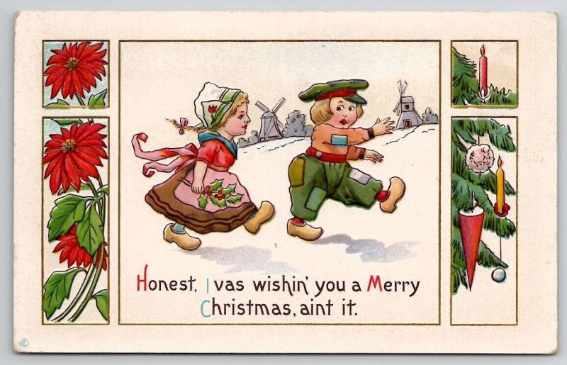 Christmas Dutch Children Poinsettias Windmills Postcard U27