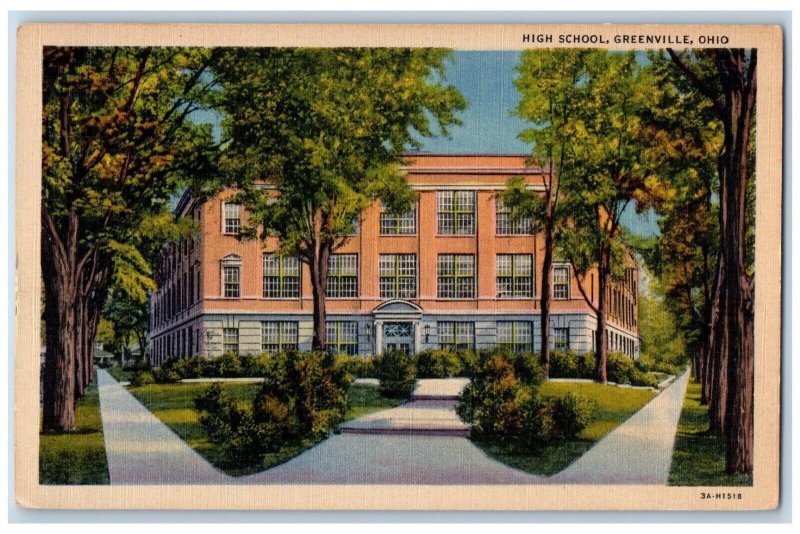 Greenville Ohio Postcard High School Building Front View Three Way c1940 Antique