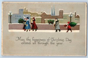 1922 Christmas People Walking Street With Berries And Gifts Gibson Postcard