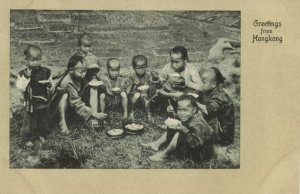 china, HONG KONG, Group of Children at Dinner (1900s) Kruse & Co. Postcard