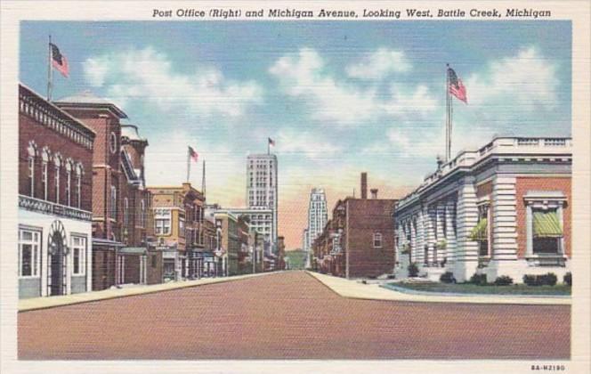 Michigan Battle Creek Post Office and Michigan Avenue Looking West Curteich