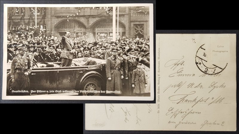 GERMAN 3rd REICH ORIGINAL POSTCARD HITLER & NSDAP LEADERS VISITS SAAR MARCH 1935