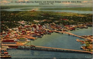 Vtg 1940s St Johns River Highway Railroad Bridges Jacksonville FL Postcard