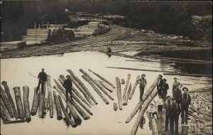 Logging Lumberjacks Kennebec River Drive on Back Maine c1910 Real Photo Postcard