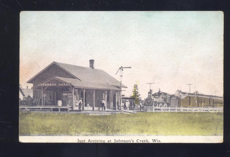 JOHNSON'S CREEK WISCONSIN RAILROAD DEPOT TRAIN STATION VINTAGE POSTCARD 1914