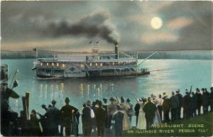 Postcard C-1910 Illinois Peoria Moonlight Scene River Steamboat IL24-2315