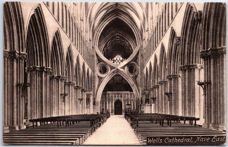 VINTAGE POSTCARD WELLS CATHEDRAL NAVE EAST AT SOMERSET ENGLAND U.K. POSTED 1907