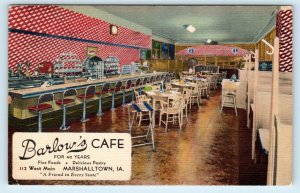 MARSHALLTOWN, IA~  BARLOW'S CAFE Interior 1943 Marshall County Roadside Postcard