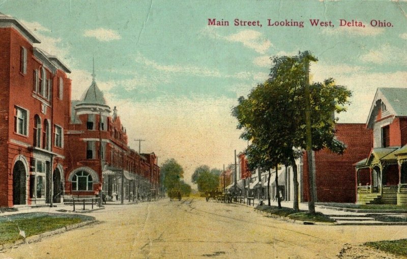 Circa 1910 Main Street Looking West Delta, OH Vintage Post Card Horse Buggy P19 