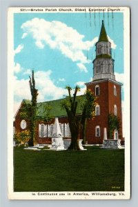 Williamsburg VA, Bruton Parish Church, Vintage Virginia c1950 Postcard 